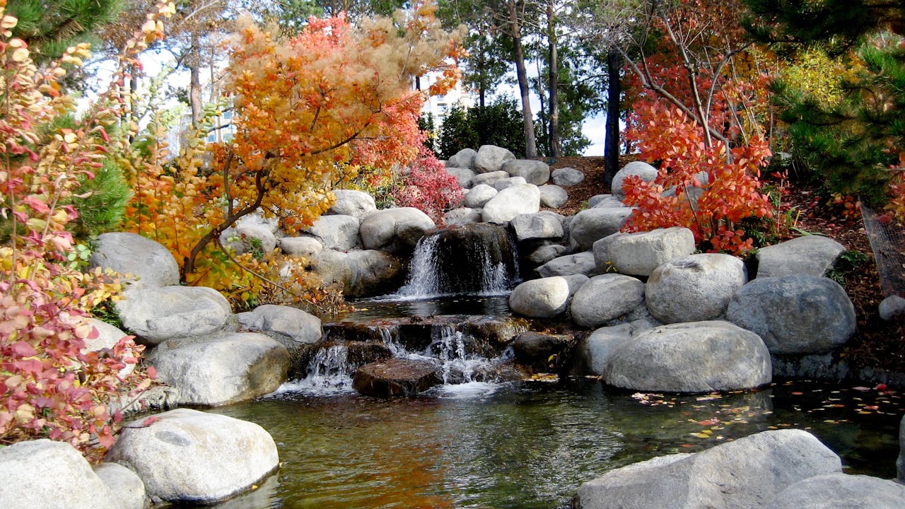 Beautiful autumn stream flowing through a peaceful rock garden surrounded by vibrant foliage.